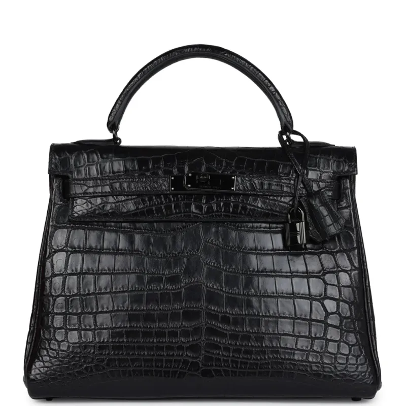 Hermès Kelly Retourne 32 SO Black Matte Niloticus Crocodile Black Hardware