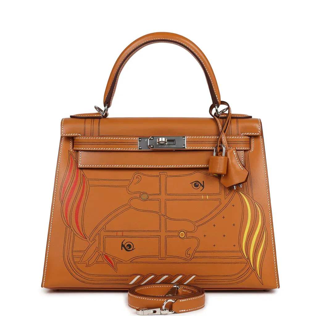 Hermès Kelly Sellier 28 &quot;Painted Quadrige&quot; Naturel Sable Butler Palladium Hardware