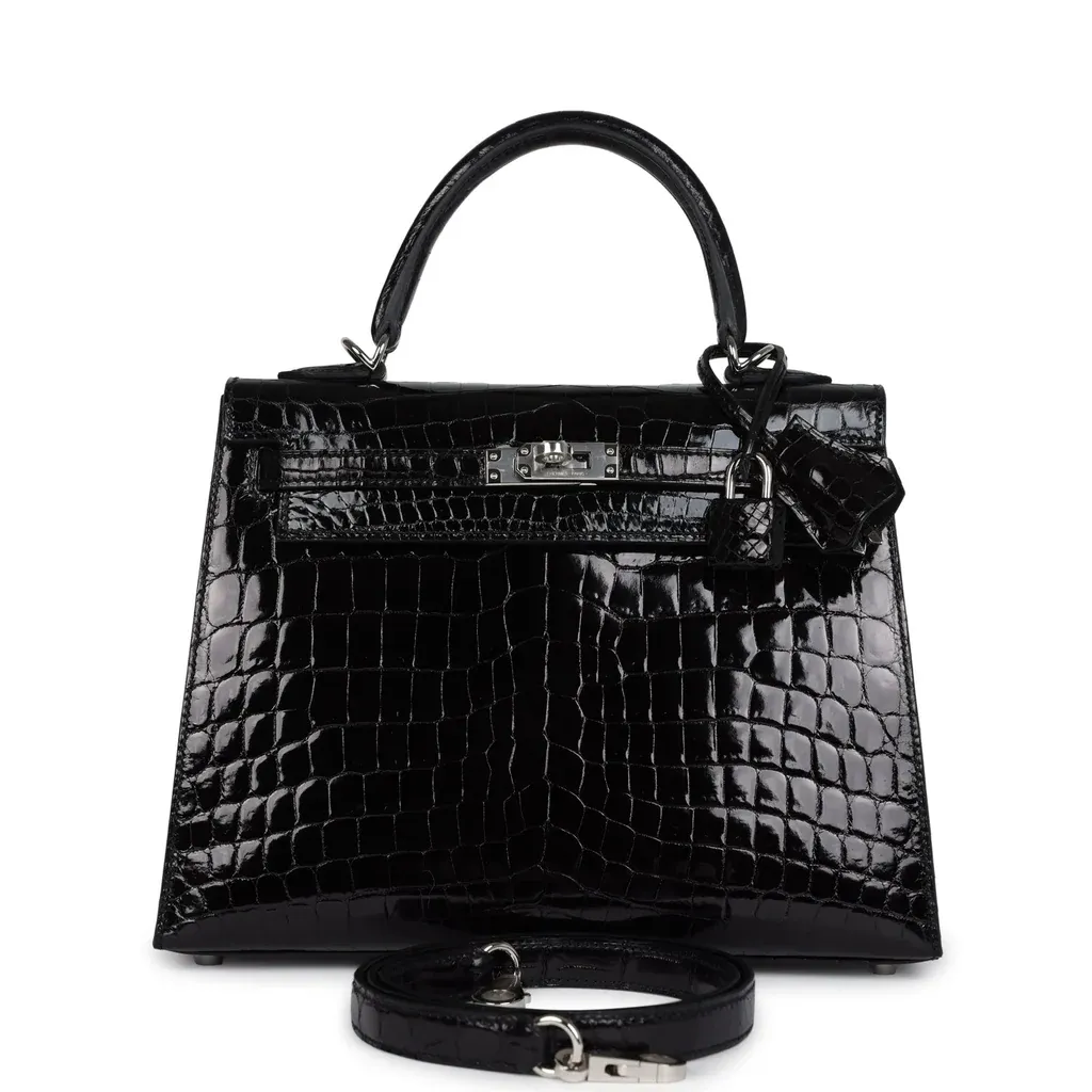 Hermès Kelly Sellier 25 Black Shiny Niloticus Crocodile Palladium Hardware