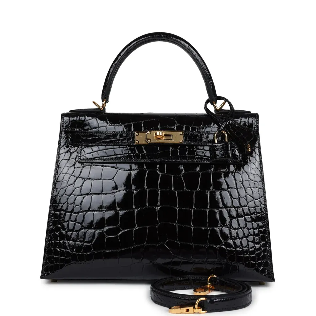 Hermès Kelly Sellier 28 Black Shiny Alligator Gold Hardware