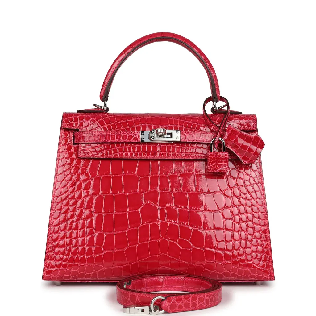 Hermès Kelly Sellier 25 Rose Extreme Shiny Alligator Palladium Hardware