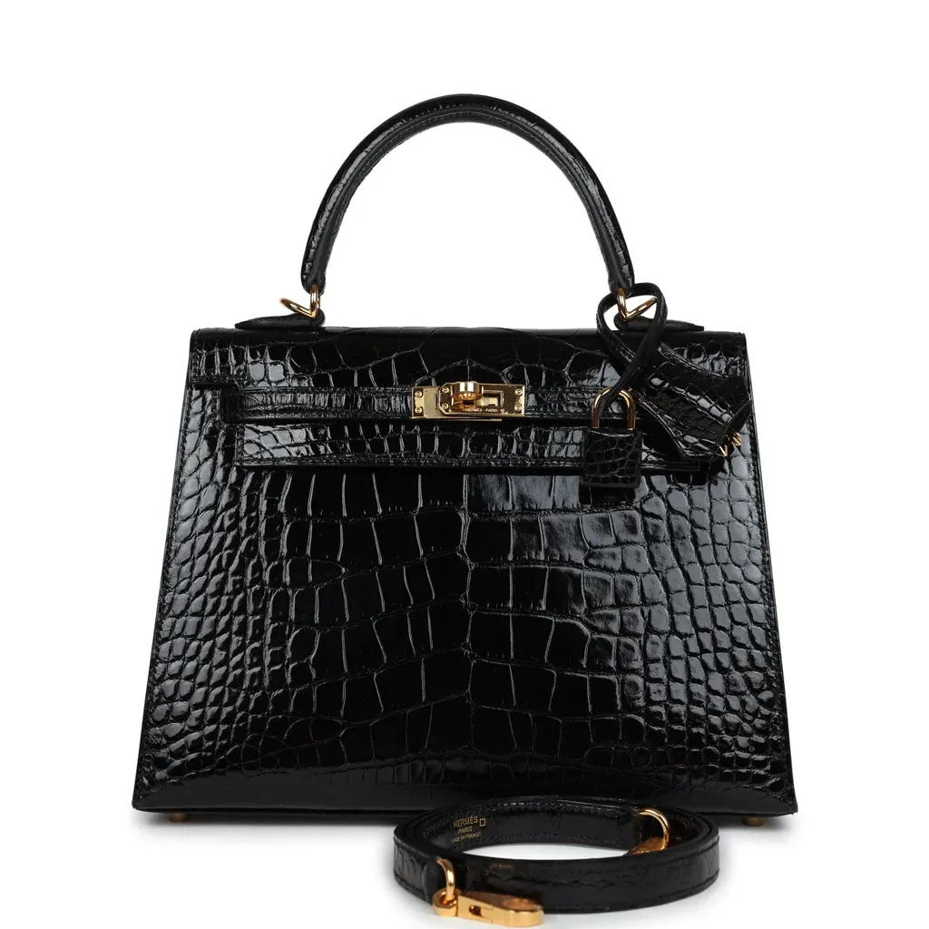 Hermès Kelly Sellier 25 Black Shiny Alligator Gold Hardware