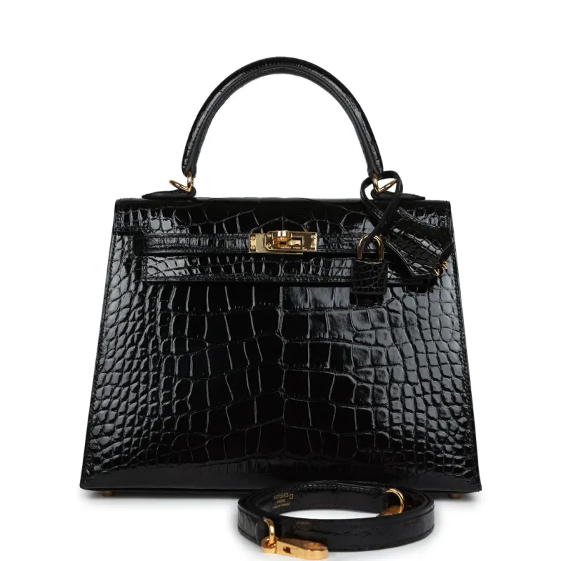 Hermès Kelly Sellier 25 Black Shiny Alligator Gold Hardware