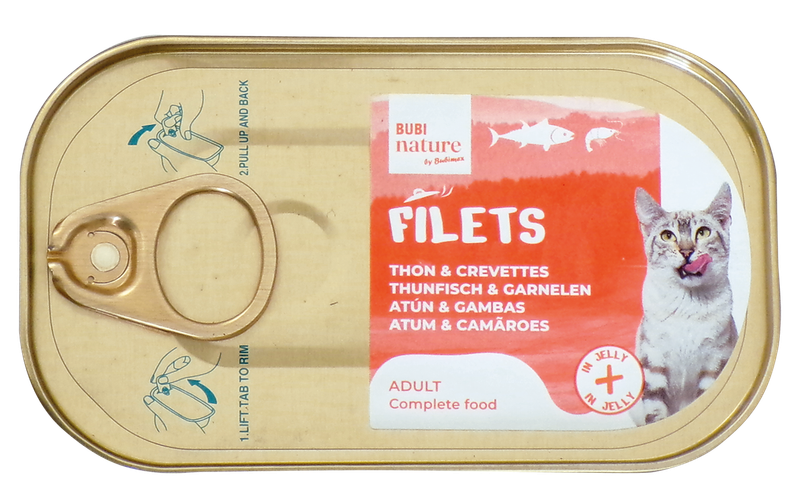 Lata Bubi Nature Filets atún y gambas en gelatina para gatos adultos 85 g