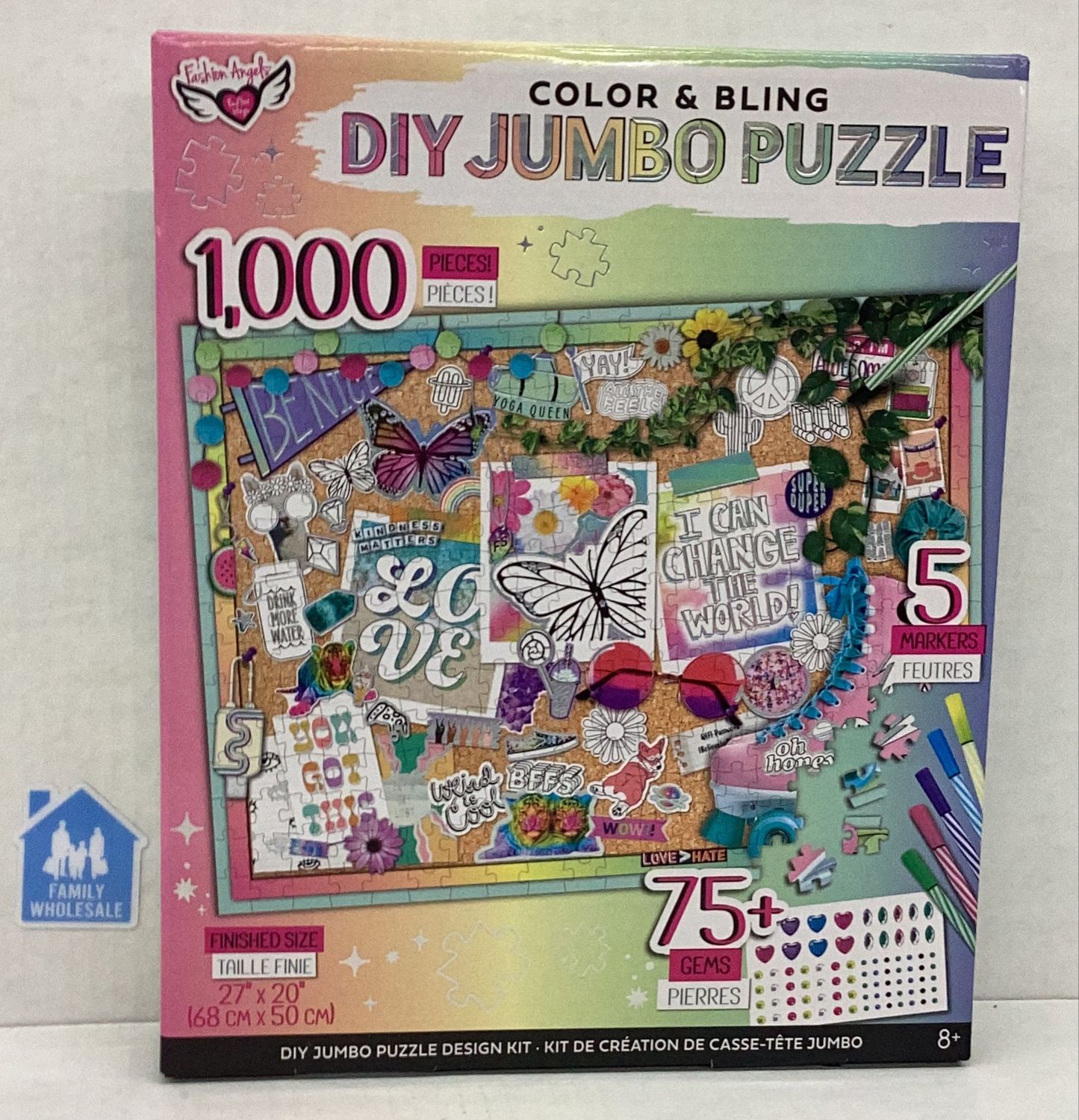Color &amp; Bling DIY Jumbo Puzzle 1000 Pieces, 75+ Gems, 5 Markers