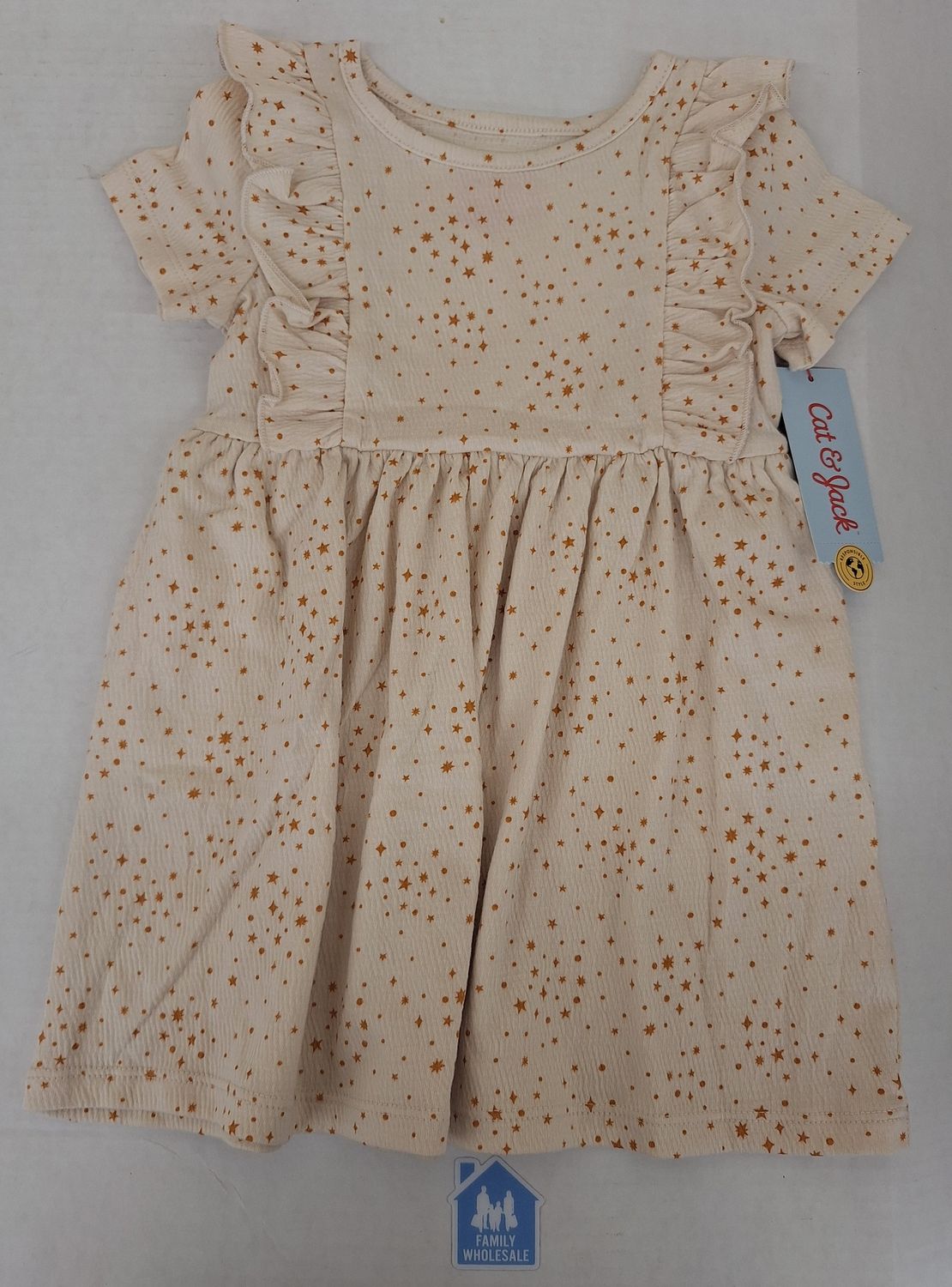 Cat &amp; Jack Girls&#39; Knit Pucker Printed Short Sleeve Dress - Beige Star 2T