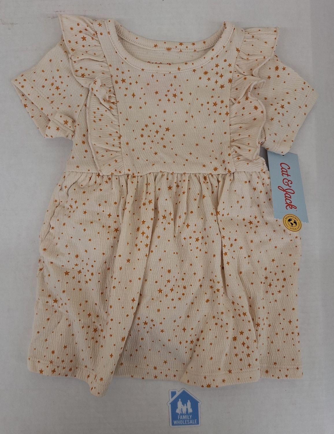 Cat &amp; Jack Girls&#39; Knit Pucker Printed Short Sleeve Dress - Beige Star 18M