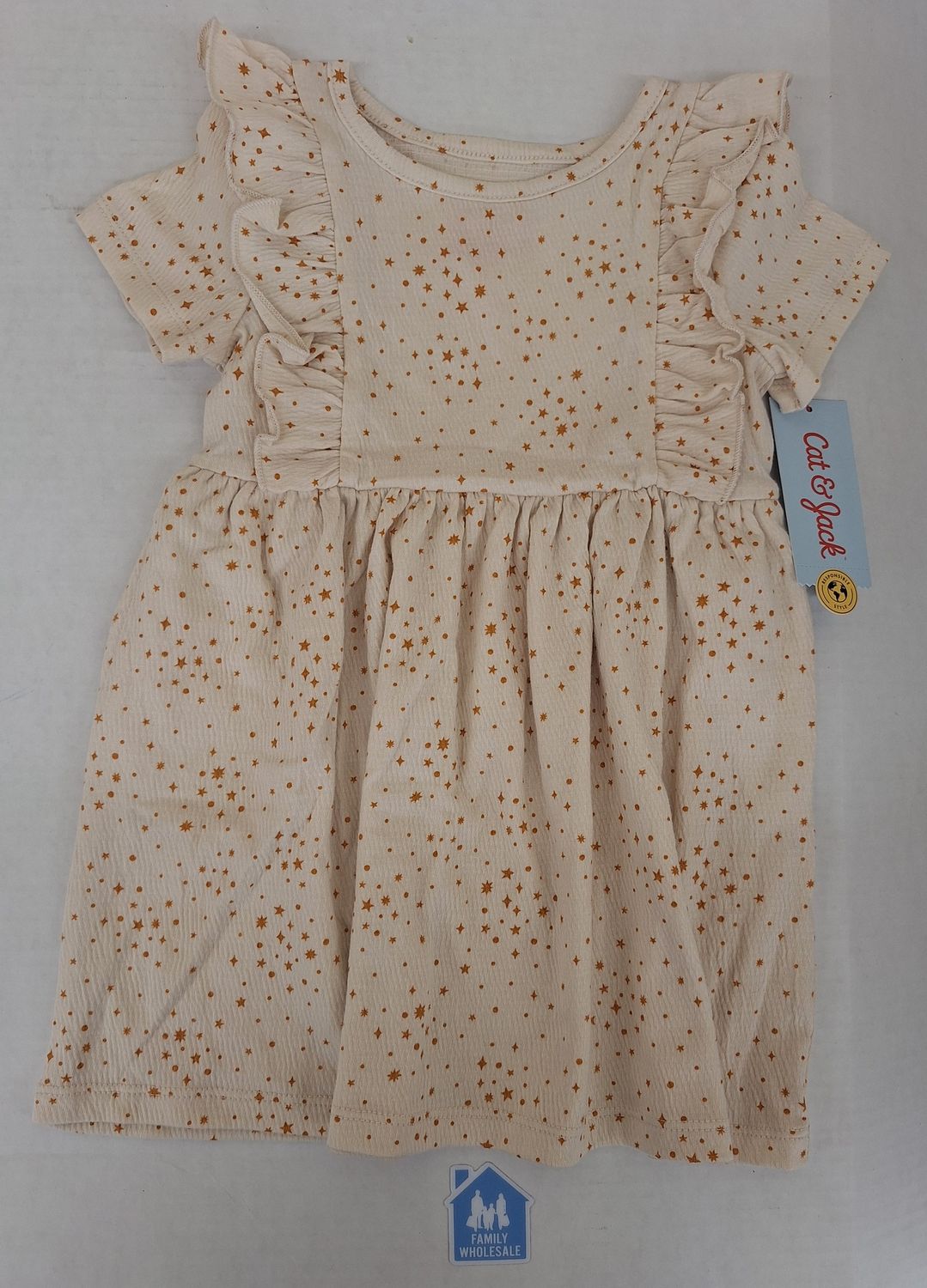 Cat &amp; Jack Girls&#39; Knit Pucker Printed Short Sleeve Dress - Beige Star 3T