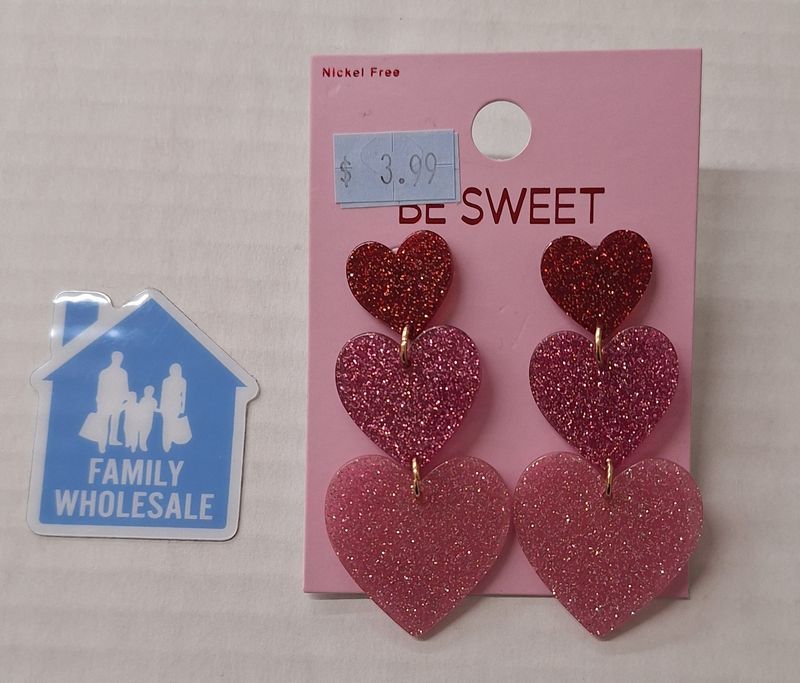 Valentine&#39;s Day Triple Glitter Heart Drop Earrings - Pink/Purple/Red