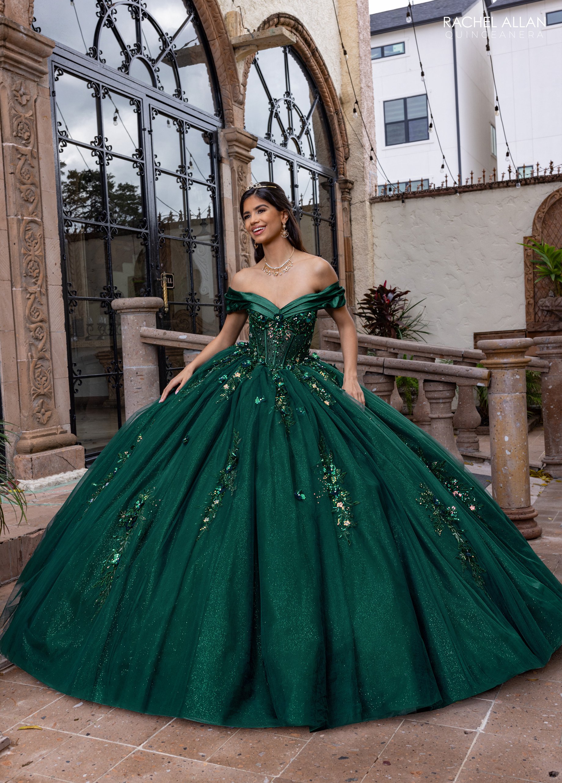 emerald green quinceanera dress Amarra 54210 Long Glitter Applique Sweet 16 shaped fit that highlights the upper body 3D Floral Appliqus Long Ball Gown Quinceaera Dress