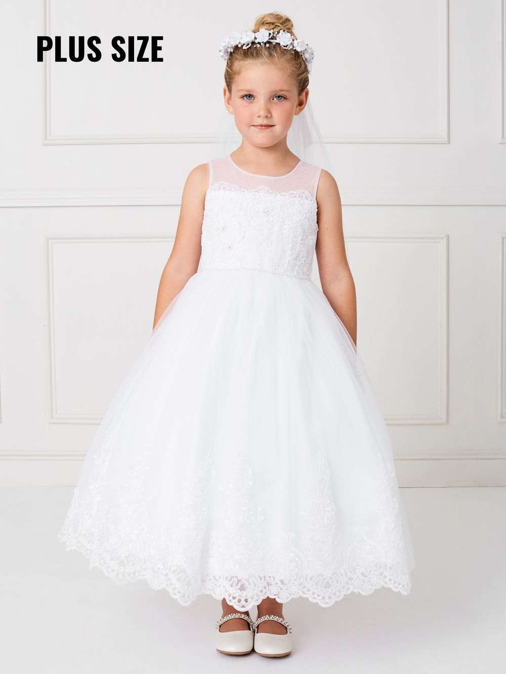 5801X White Lace Hem Dress Husky