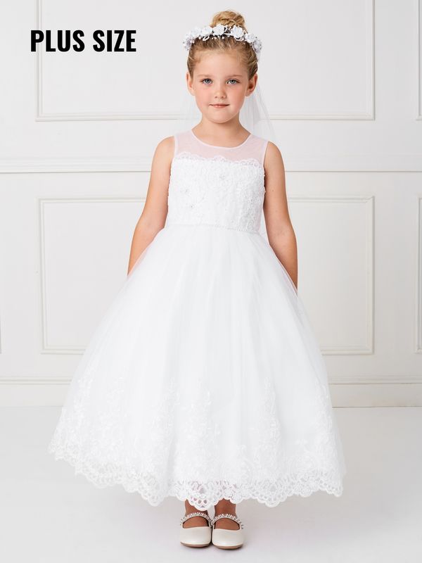 5801X White Lace Hem Dress Husky