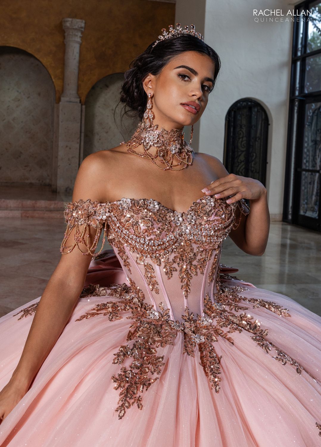 rose gold glitter quince dress Champagne Rose Gold Quinceanera Dresses Sparkly Lace Ball Gown Bow Back Sweet16