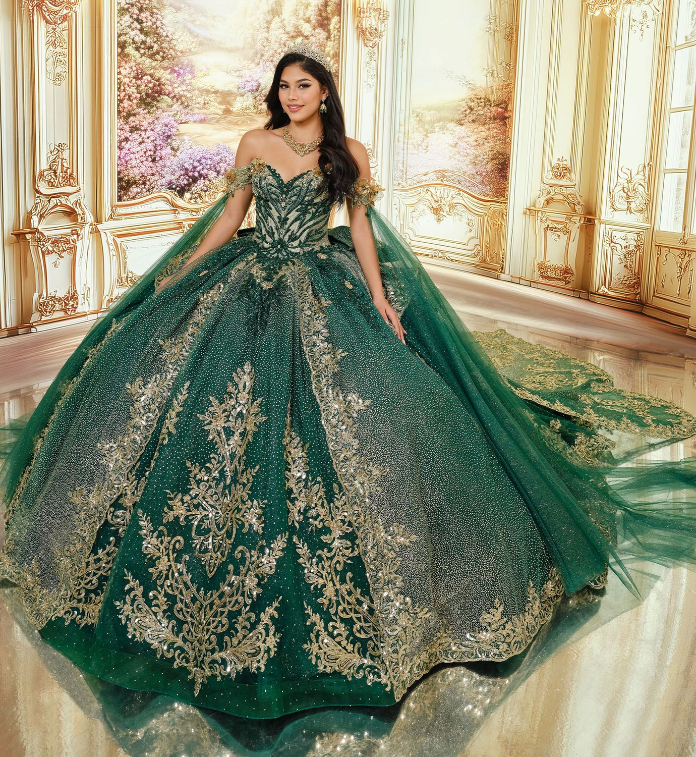 PR30250 Emerald/Gold Quince Ball Gown