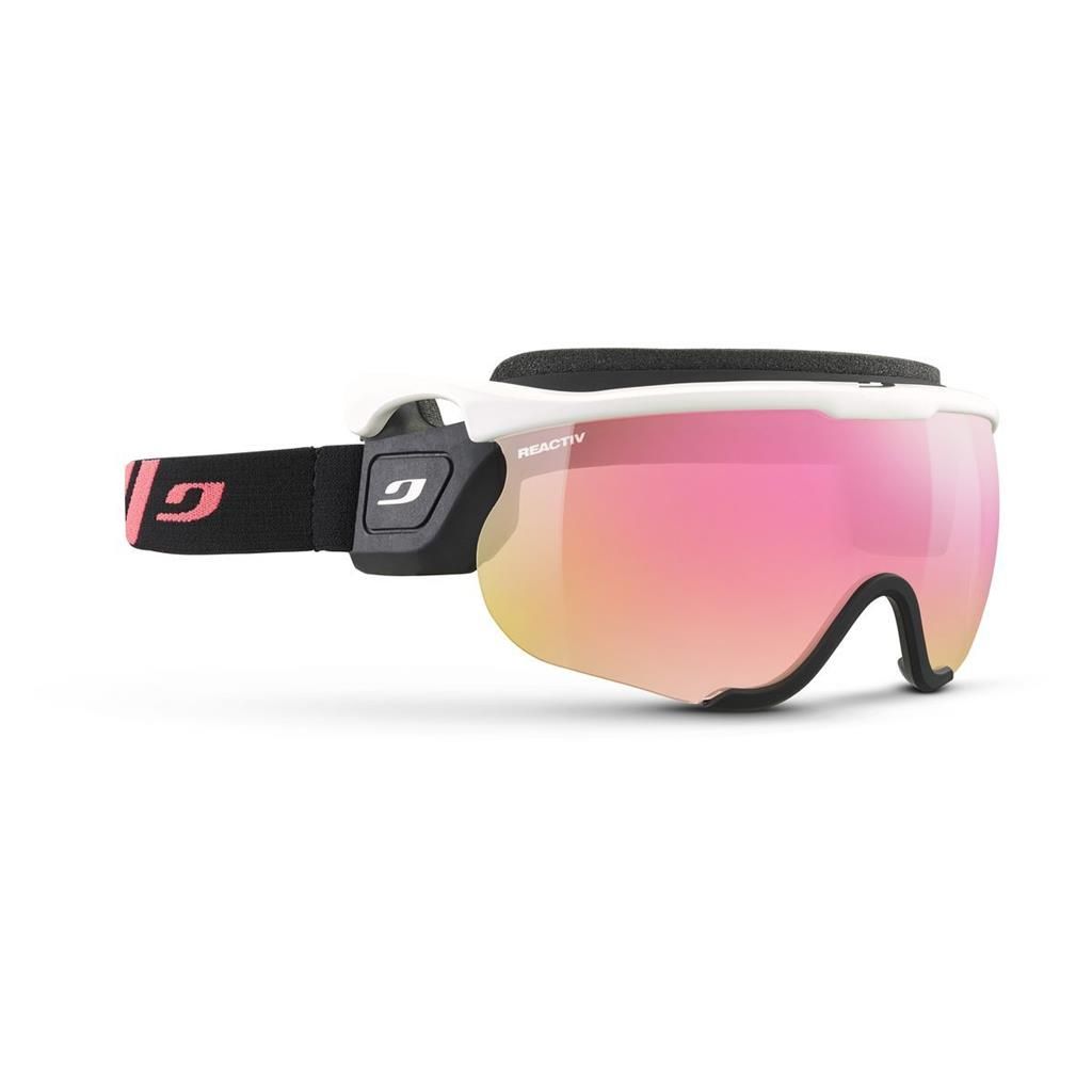 Lunette Julbo Sniper EVO M Blanc Brillant/Noir - Strap Noir/Rose clair - Lentille Photochromique Reactiv HC w Rose Flash cat:1 à 3