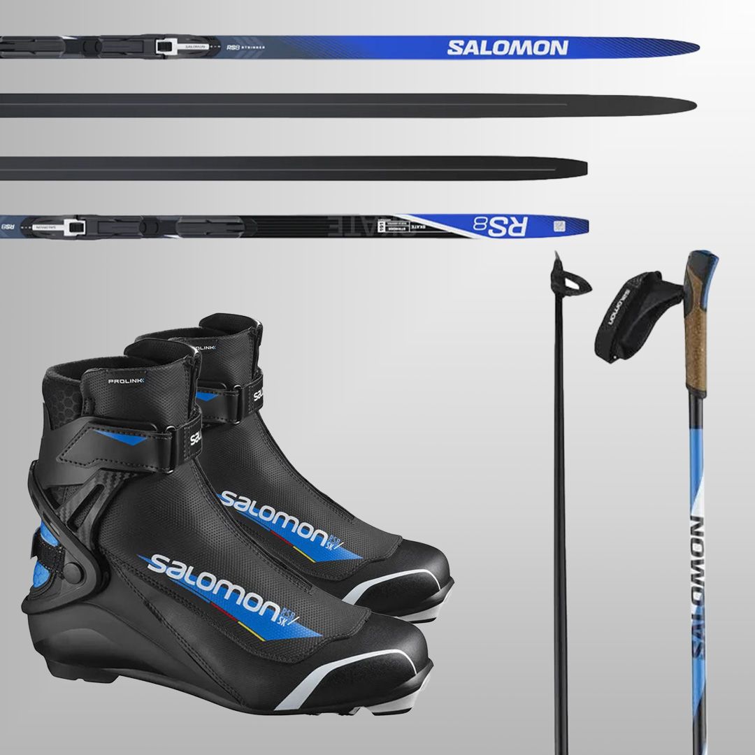 Ensemble de skis skate Salomon RS8 bottes Salomon RS8 fixations Salomon Shift Prolink Baton R30 click et Attaches Demers