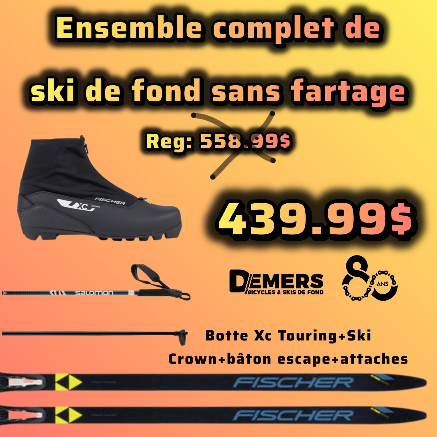 Ensemble de ski de fond fischer crown + botte fischer touring + bâton Salomon escape