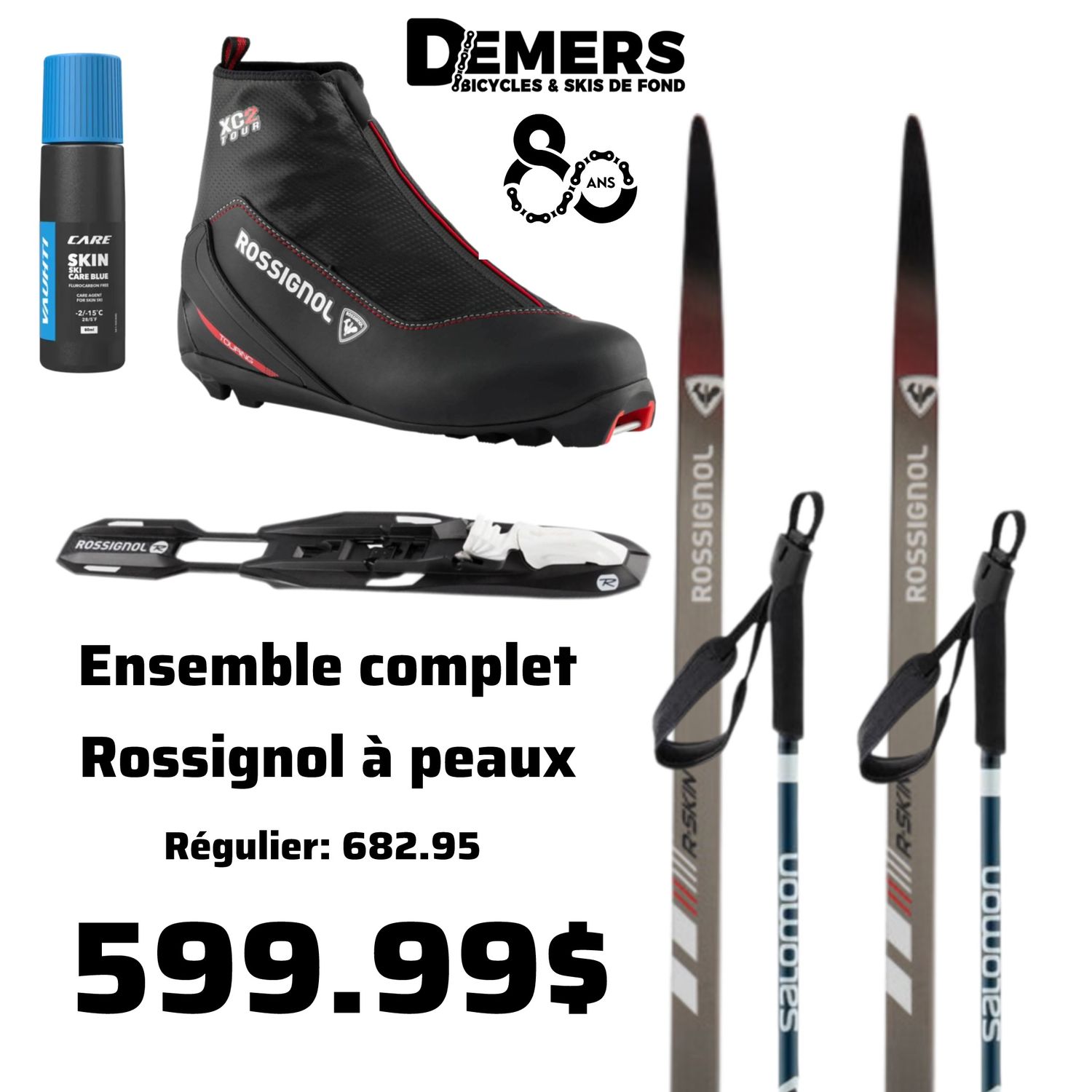 Ensemble de skis classique Rossignol Delta Sport R-Skin bottes Rossignol XC-2 fixations Control Step in Baton Escape, skin care Vauhti