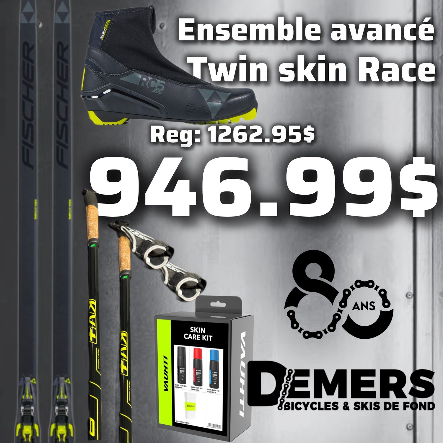 Ensemble Fischer TwinSkin Race + botte RC5 + Fixation Control + bâton Kv+ Advance + Skin Care Kit Vauhti