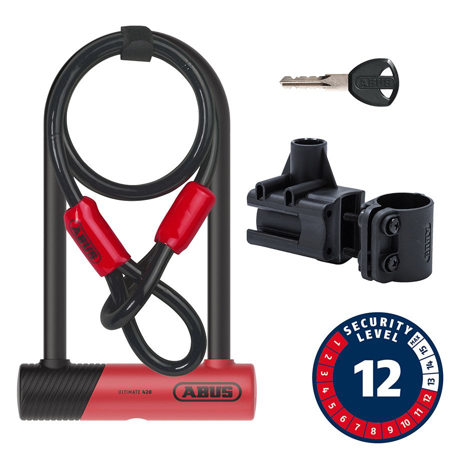 Cadenas en U à clé Abus Ultimate 420K + Cobra, 150x230mm 5.9''x9'', Épaisseur en mm: 14mm Rouge