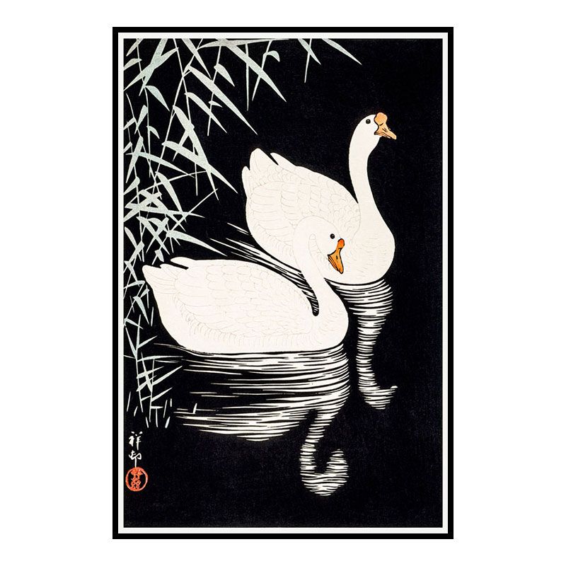 White Chinese Geese Swimming by Reeds Ohara Koson (1928)