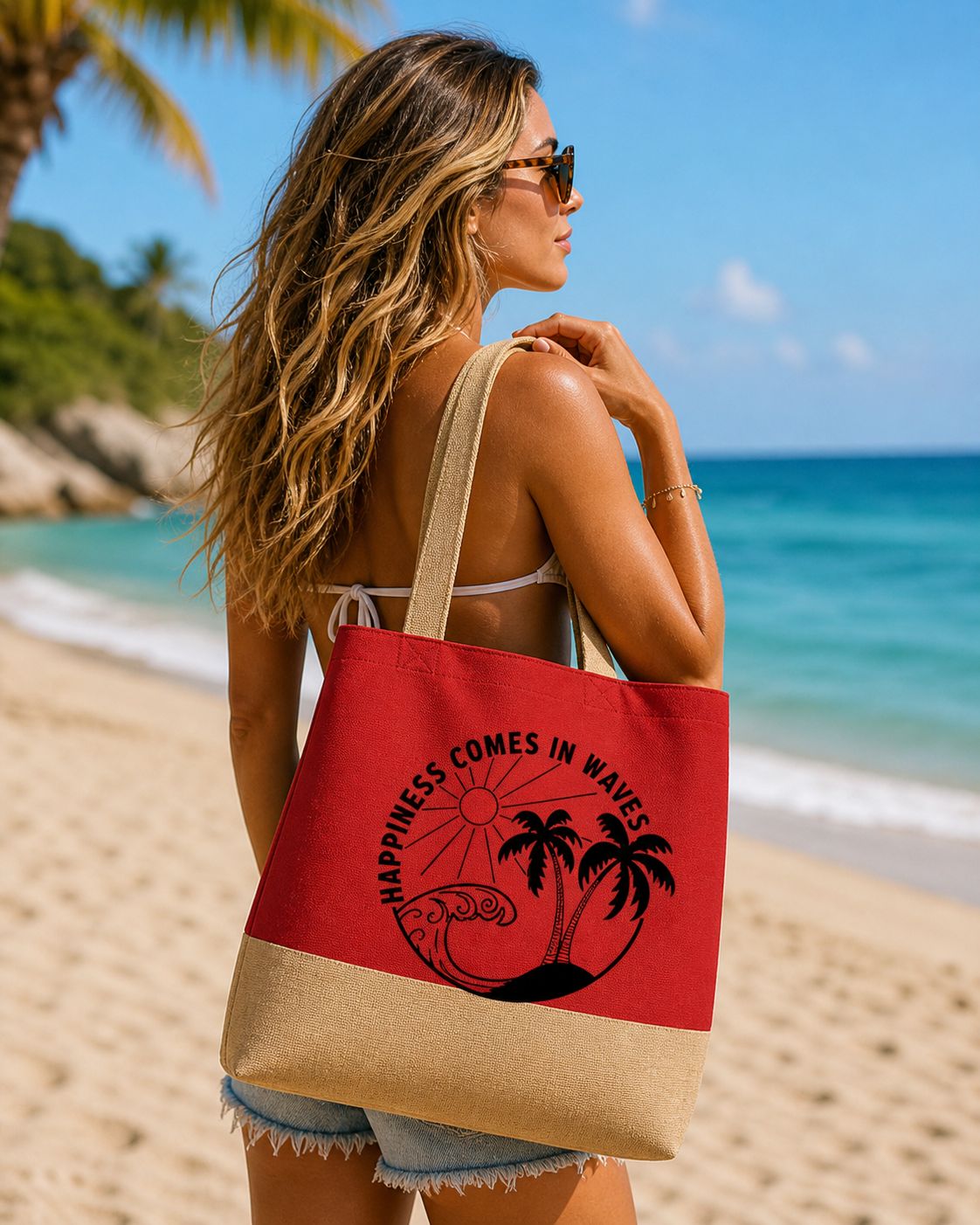 Happiness Comes in Waves Strandtas – Grote Canvas Beach Bag met Zomerse Print