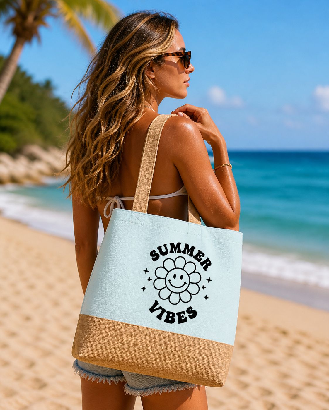 Summer Vibes Strandtas met Bloem – Grote Canvas Beach Bag met Zomerse Print