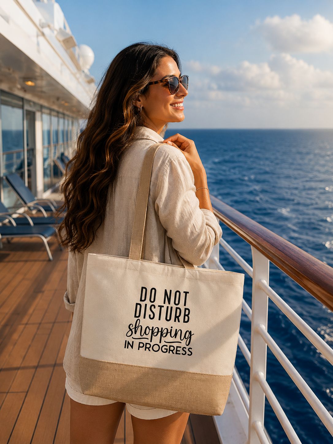 Strandtas “Do Not Disturb, Shopping In Progress” – Grappige Shopper voor Strand, Vakantie &amp; Shopliefhebbers
