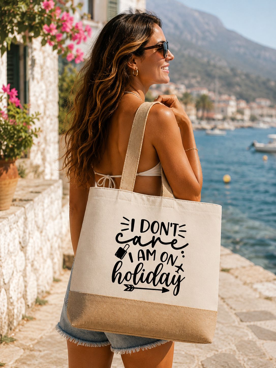 I Don’t Care I’m on Holiday Strandtas – Grote Canvas Beach Bag met Funny Quote