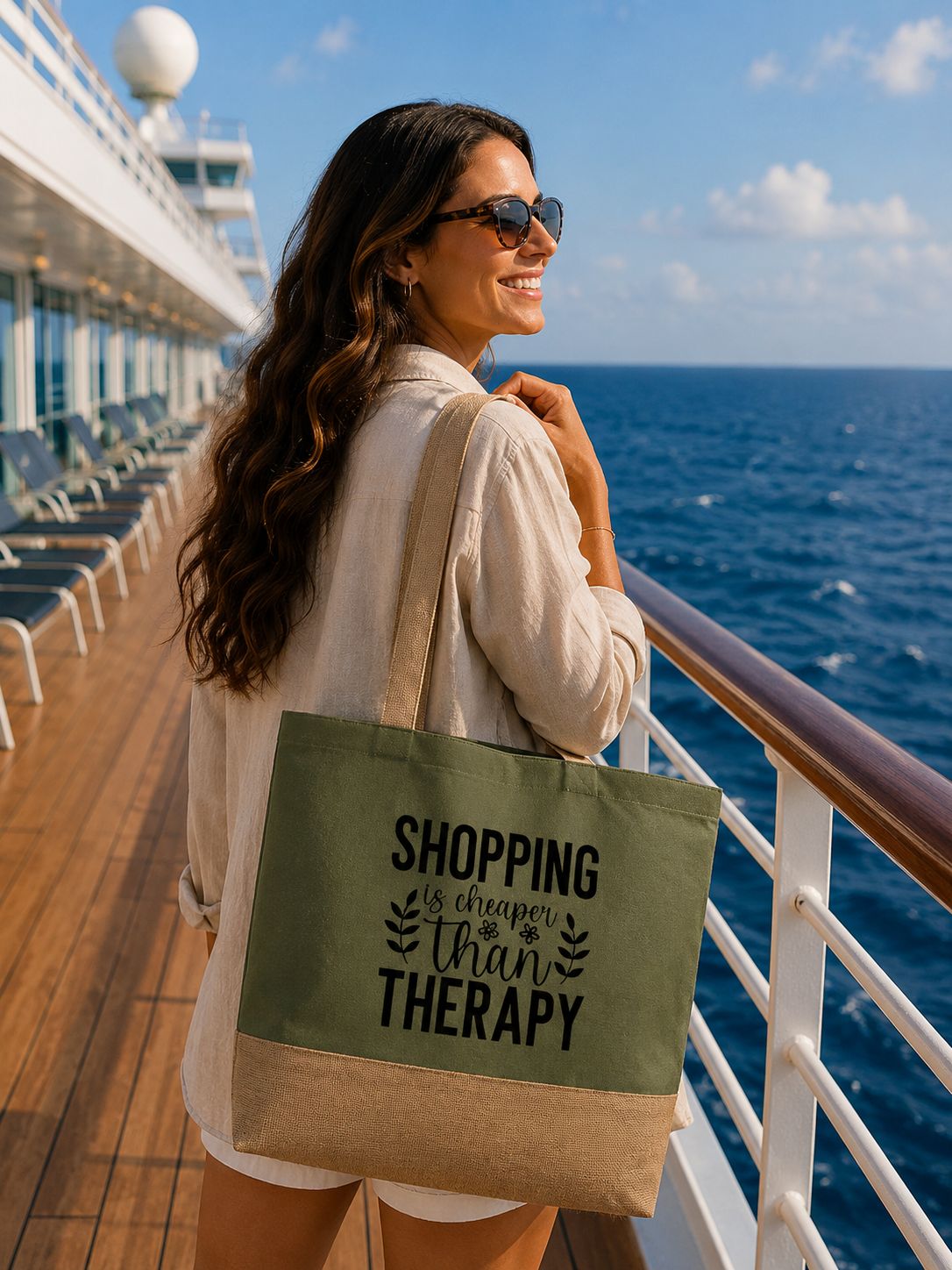 Strandtas “Shopping Is Cheaper Than Therapy” – Grappige Strandtas voor Shopping Queens &amp; Vakantie Vibes