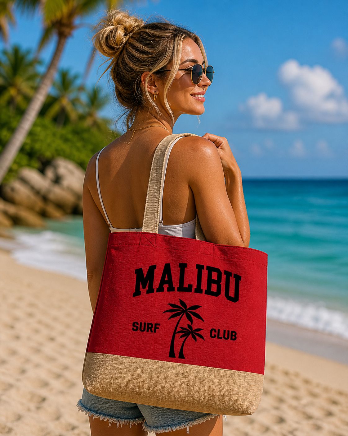 Malibu Surf Club Strandtas – Grote Canvas Beach Bag met Surf &amp; Zomer Print