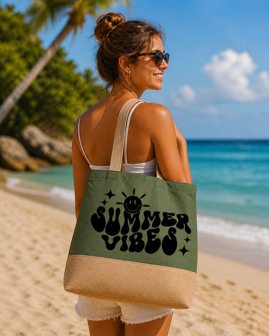 Summer Vibes Strandtas met Zon – Grote Canvas Beach Bag met Zomerse Print