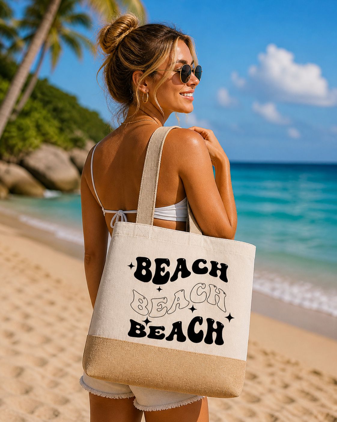 Beach Beach Beach Strandtas – Grote Canvas Beach Bag met Zomerse Print