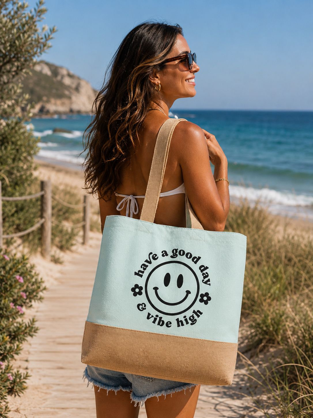Have a Good Day &amp; Vibe High Strandtas – Grote Canvas Beach Bag met Smiley Quote