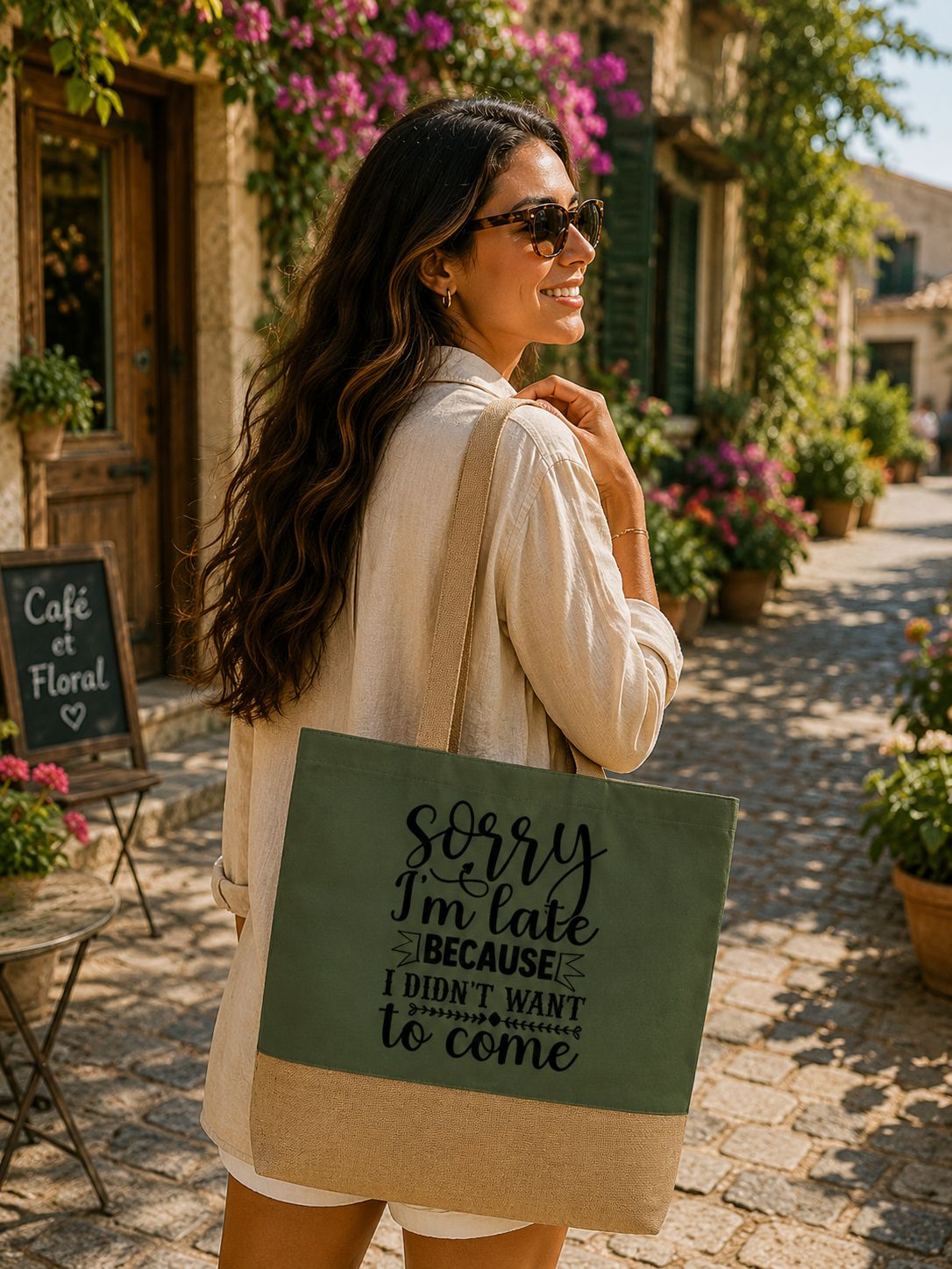 Strandtas “Sorry I’m Late, Because I Didn’t Want To Come” – Grappige Shopper met Sarcastische Quote