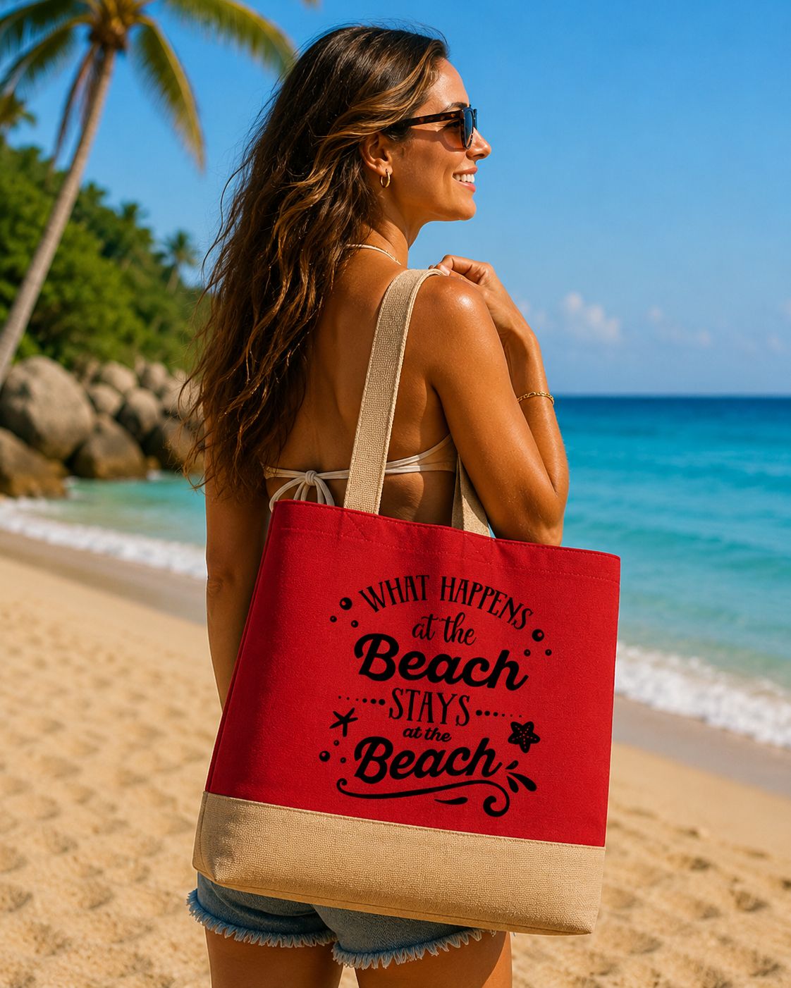 What Happens at the Beach Stays at the Beach Strandtas – Grote Canvas Beach Bag met Quote
