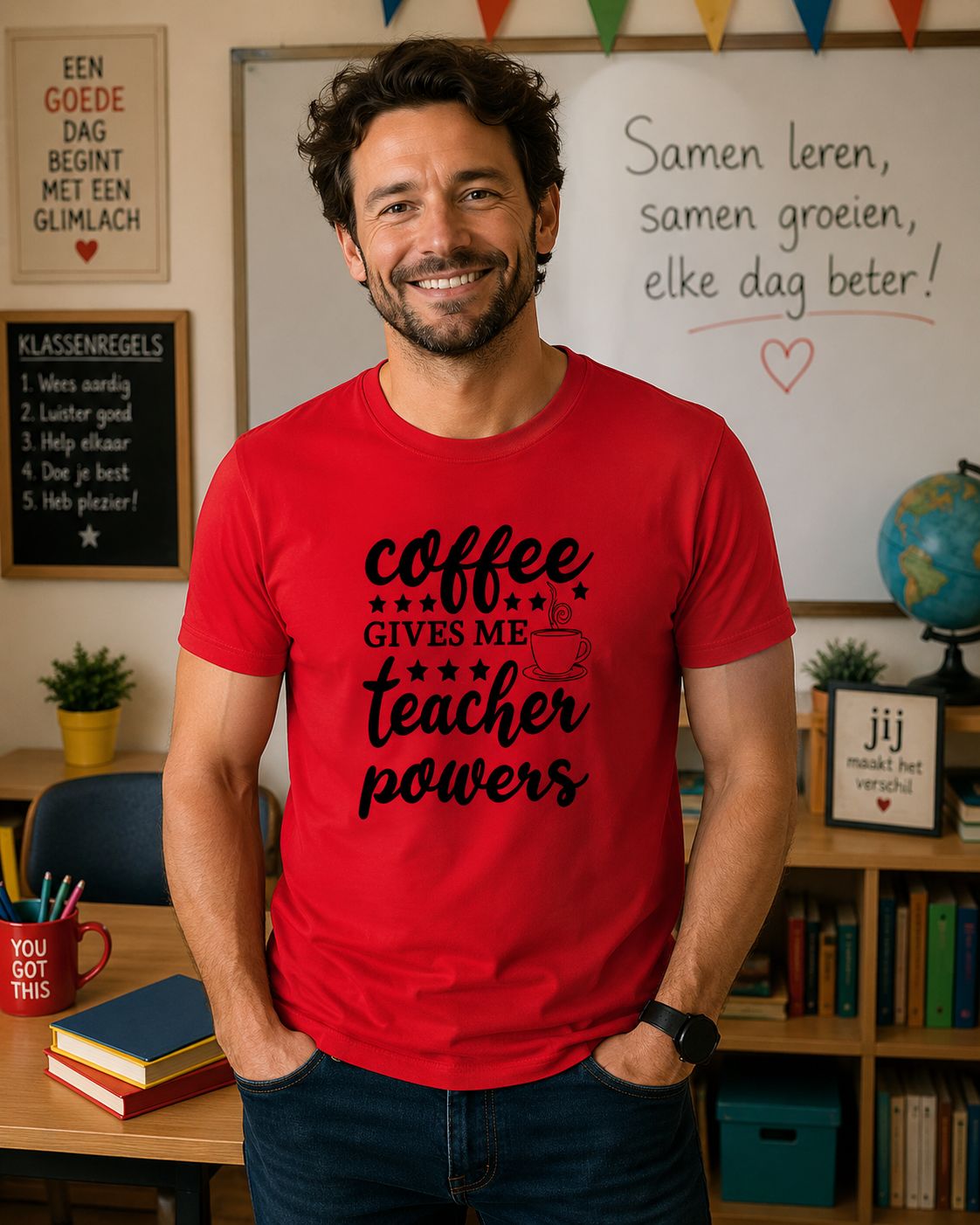 Coffee Gives Me Teacher Powers - T-Shirt – Grappig Cadeau voor Juf, Meester &amp; Koffieliefhebber