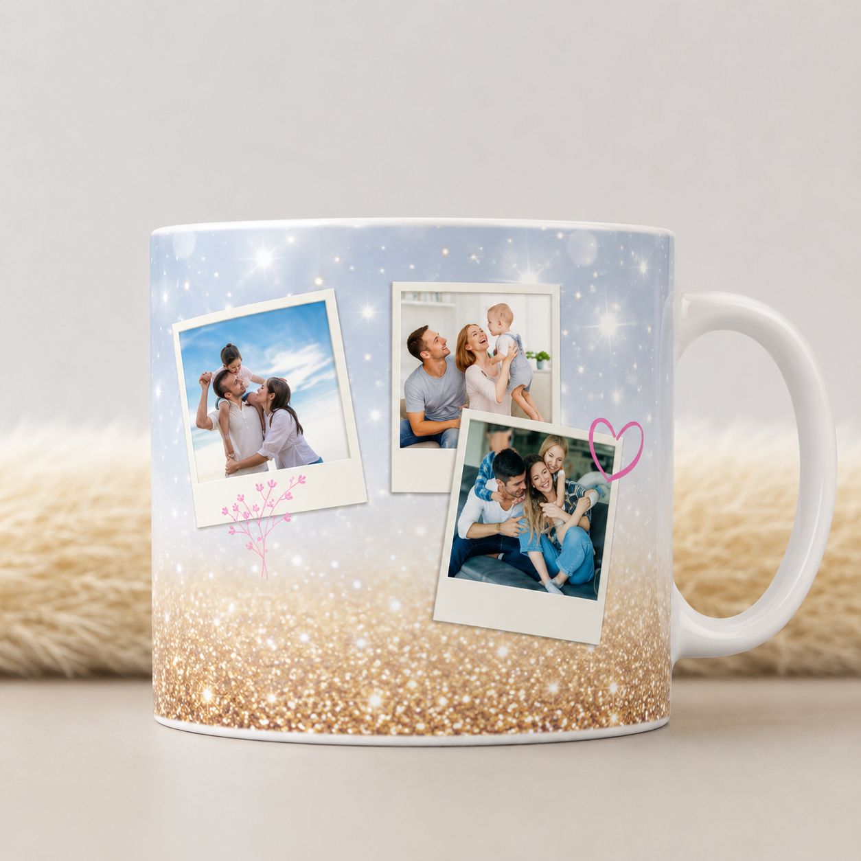 Glitter Familie Fotomok met Polaroid Foto’s - Gepersonaliseerde Mok