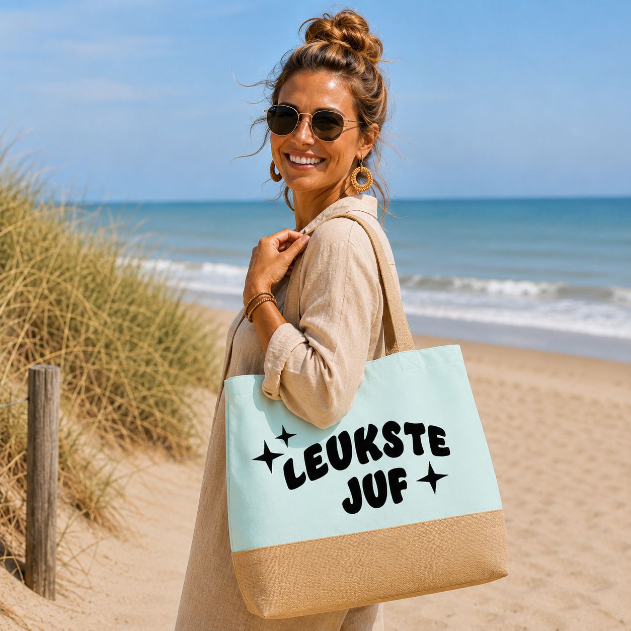 Leukste Juf - Strandtas – Origineel Cadeau Voor De Liefste Juf – Bedankje Voor Het Einde Van Het Schooljaar