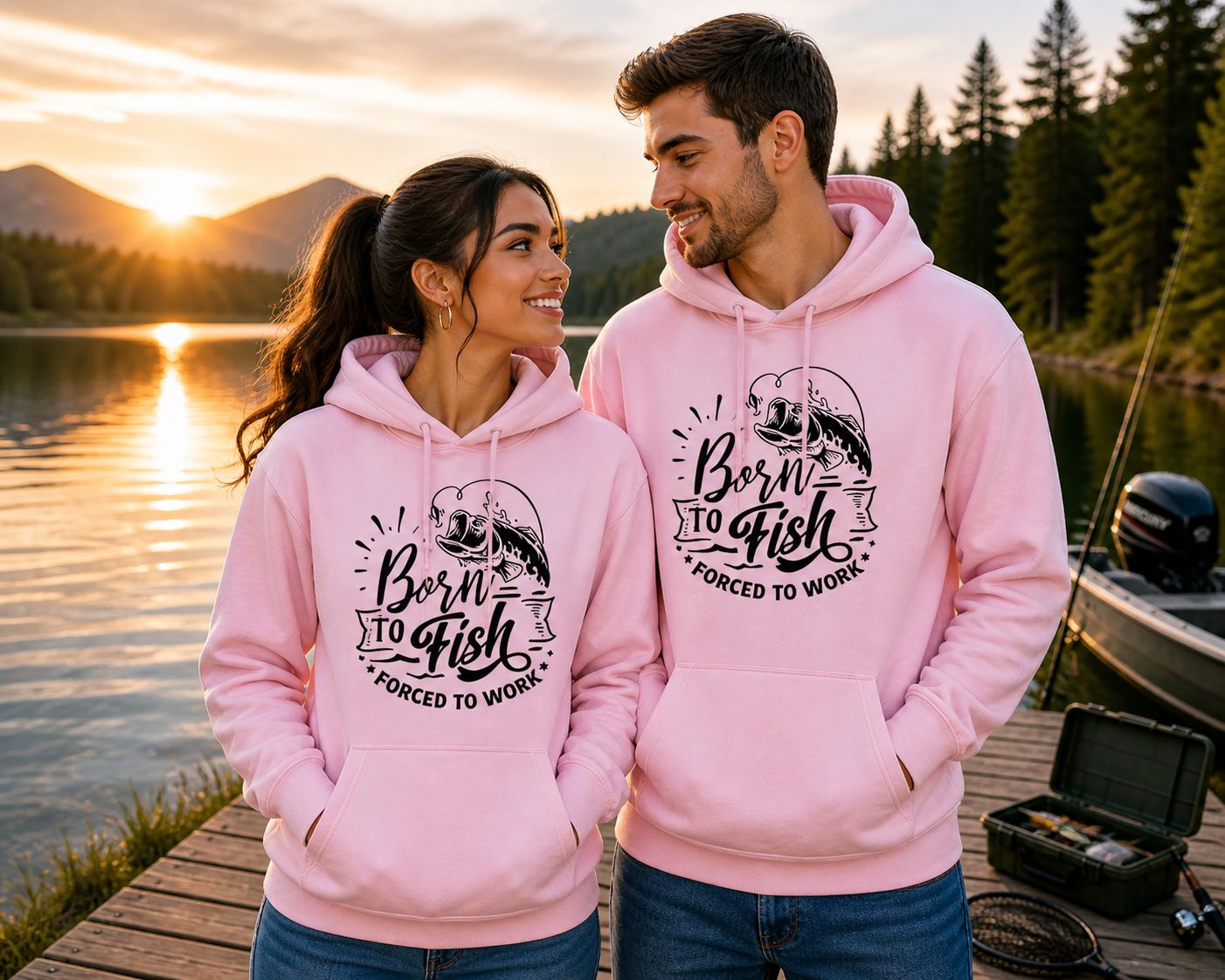 Born To Fish Forced To Work Hoodie – Funny Fishing Hoodie – Unisex Cadeau voor Vissers