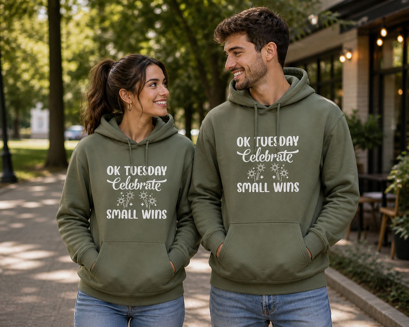 Funny Hoodie “OK Tuesday, Celebrate Small Wins” – Positieve Hoodie met Humor &amp; Motivatie
