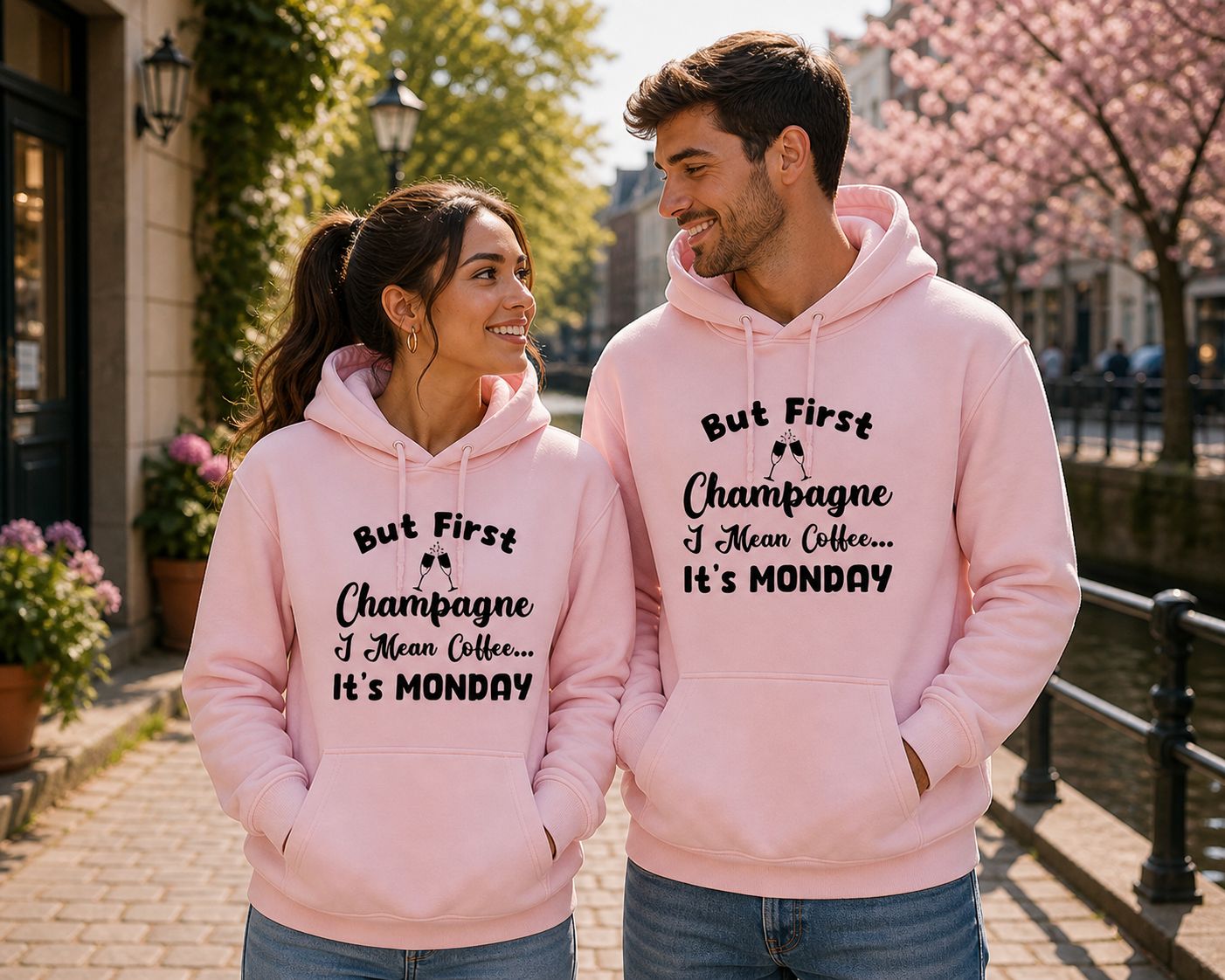 Funny Hoodie “But First Champagne… I Mean Coffee, It’s Monday” – Grappige Koffie Hoodie voor Maandag Vibes