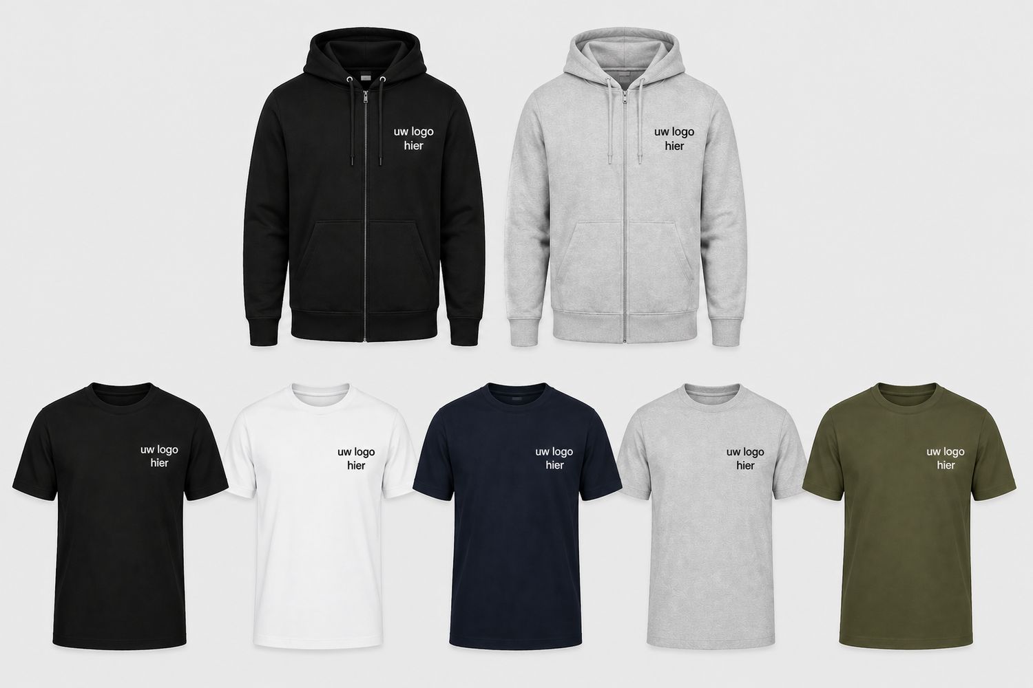 Kledij Pakket – 2 Sweaters met Rits &amp; Capuchon + 5 T-shirts met Logo