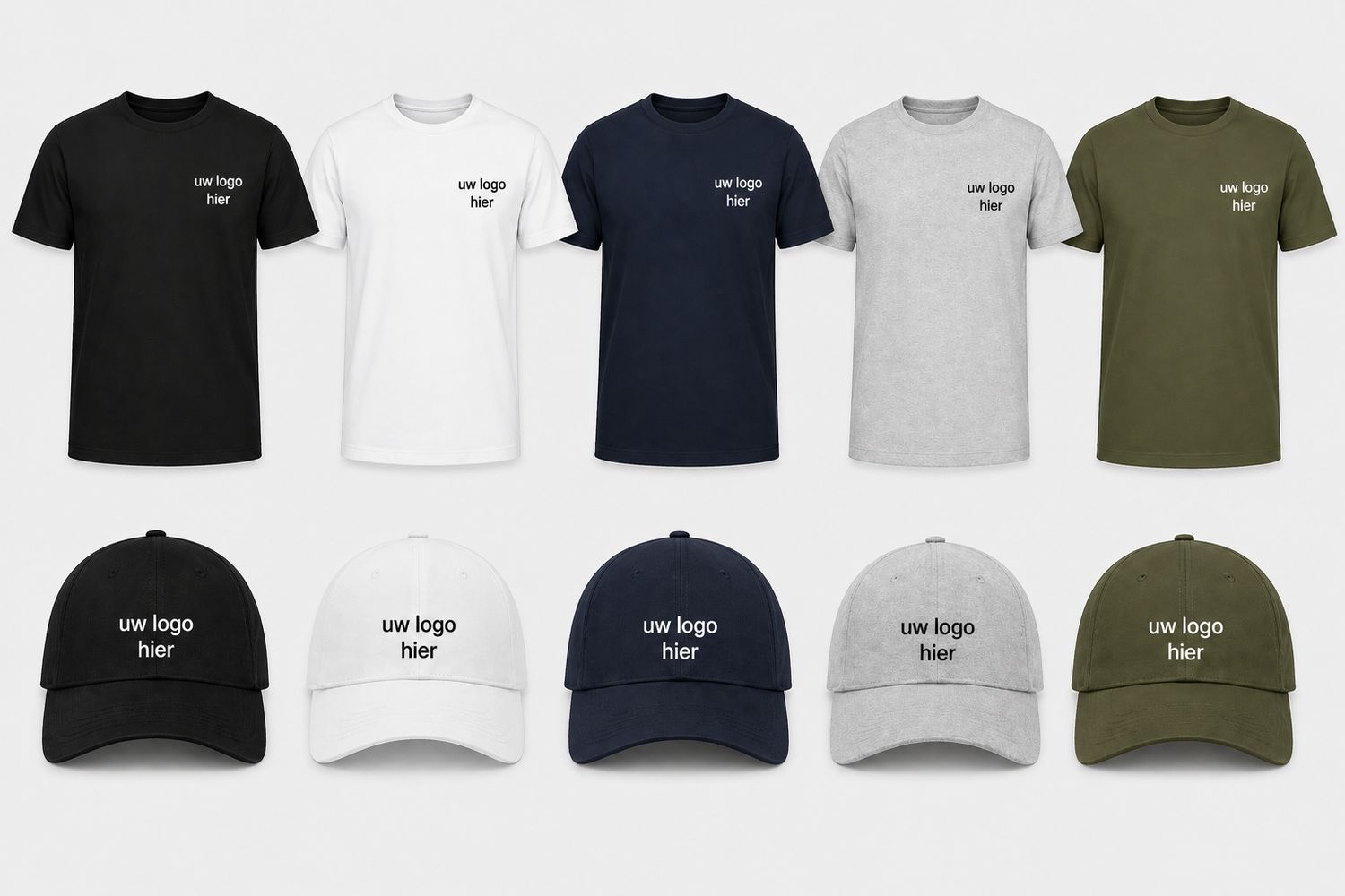 Kledij Pakket – 5 T-shirts + 5 Petten met Logo