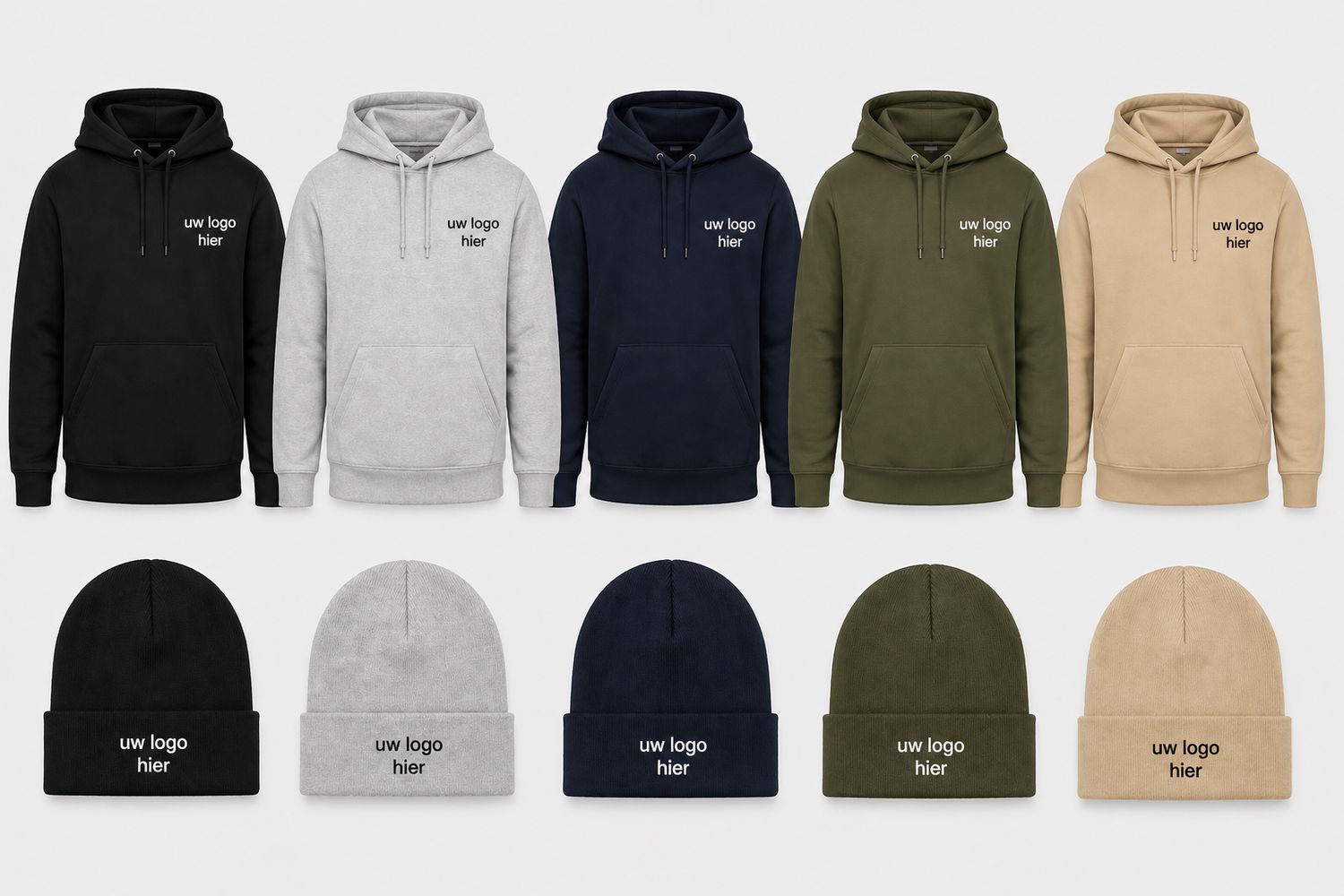 Kledij Pakket – 5 Hoodies &amp; 5 Mutsen met Logo