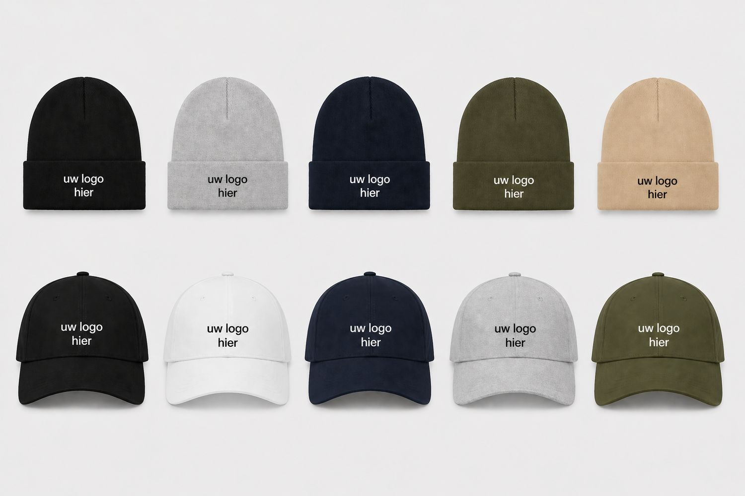 Kledij Pakket – 5 Mutsen &amp; 5 Petten met Logo