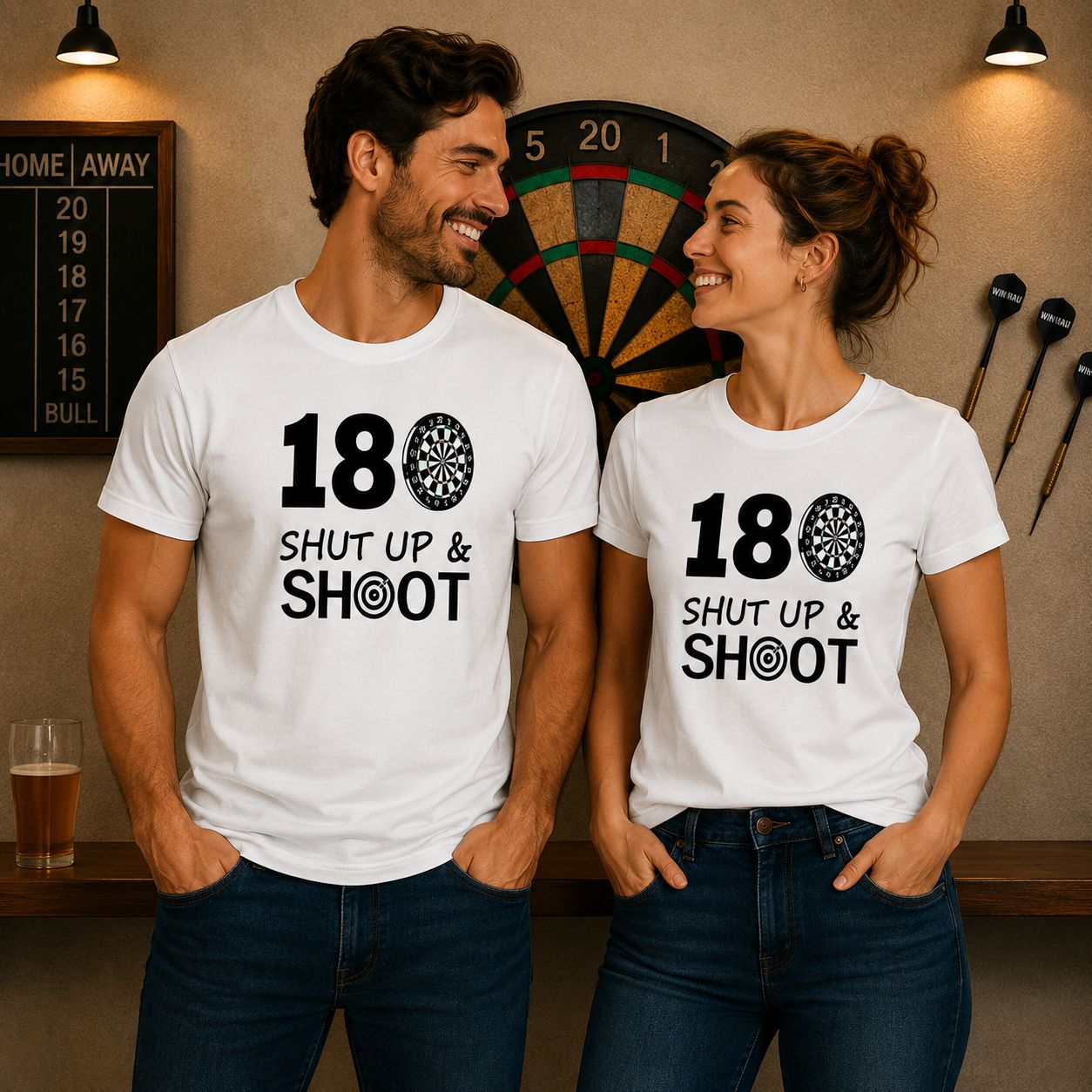180 Shut Up And Shoot T-Shirt - Grappige Darts T-Shirt - Leuk Cadeau voor Dartsliefhebbers