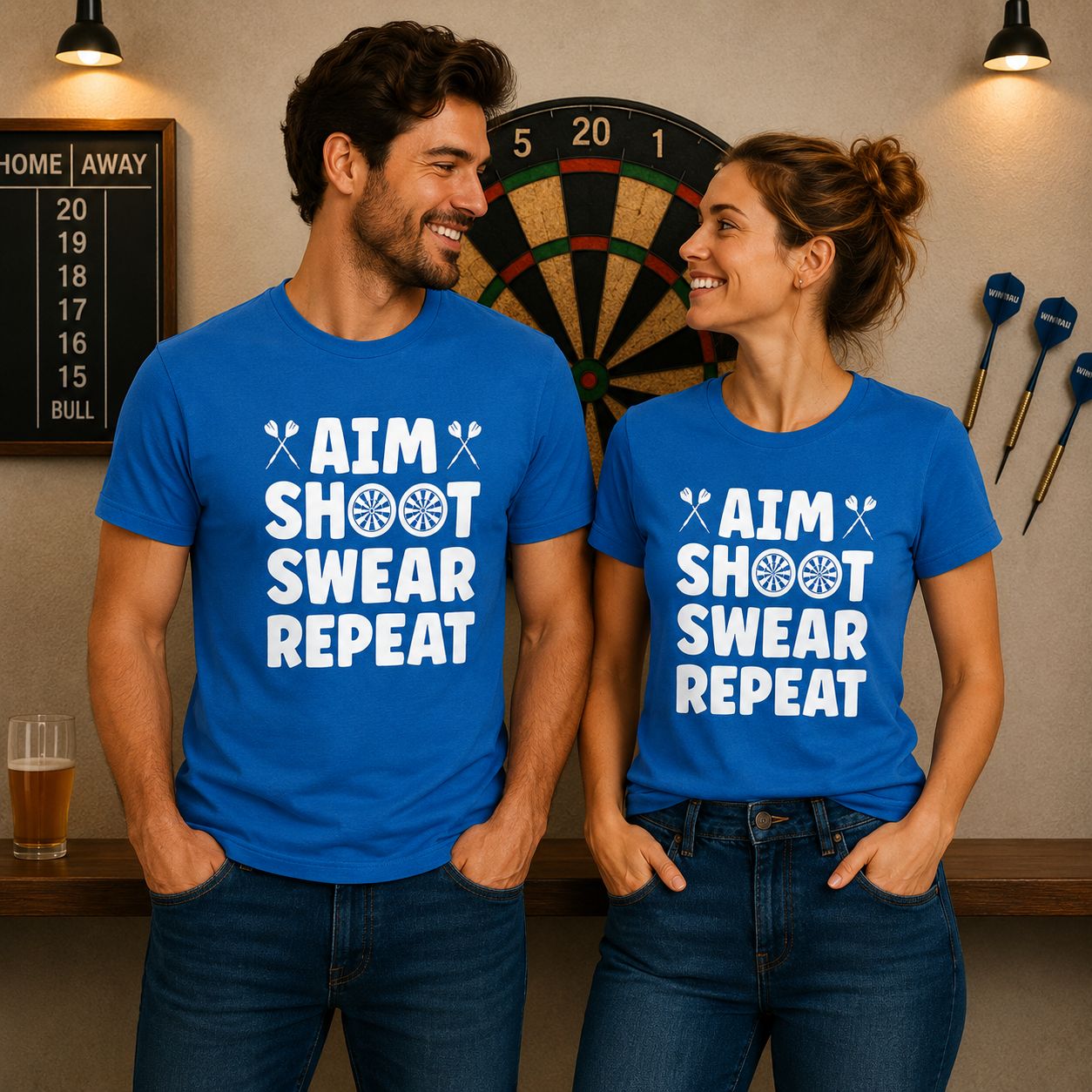Aim Shoot Swear Repeat T-Shirt - Grappige Darts T-Shirt - Leuk Cadeau voor Dartsliefhebbers