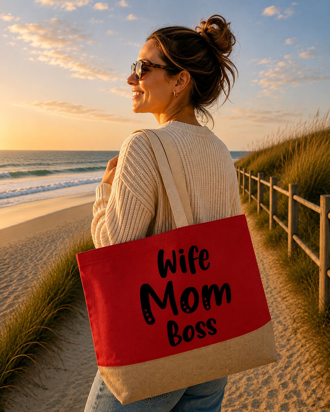 Wife Mom Boss Strandtas - Trendy Mama Strandtas - Stoer Cadeau voor Mama en Vrouw