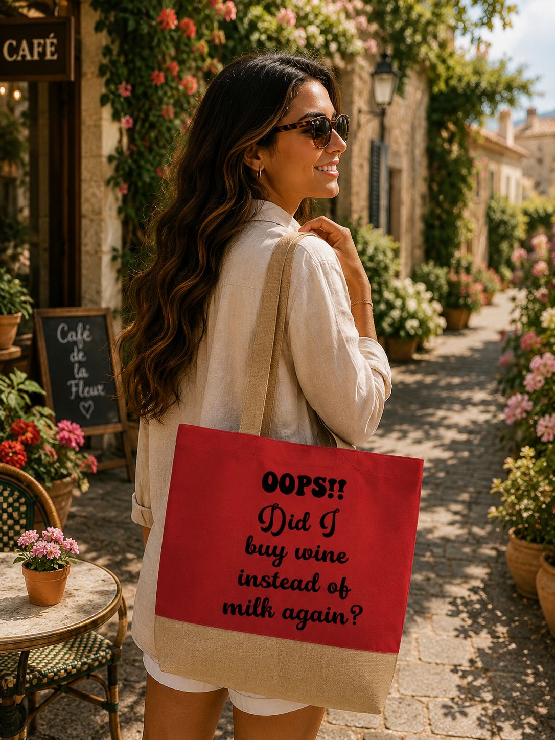 Strandtas “Oops, Did I Buy Wine Instead Of Milk Again?” – Grappige Shopper voor Wijnliefhebbers &amp; Shopping Queens